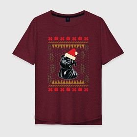 Мужская футболка хлопок Oversize с принтом Рождественский свитер Черный мопс в Тюмени, 100% хлопок | свободный крой, круглый ворот, “спинка” длиннее передней части | christmas | ugly sweater | вечеринка | мопс | новогодние праздники | новый год | рождественский свитер | рождество | собака | собачка | уродливый свитер | черный мопс