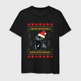 Мужская футболка хлопок с принтом Рождественский свитер Черный мопс в Белгороде, 100% хлопок | прямой крой, круглый вырез горловины, длина до линии бедер, слегка спущенное плечо. | christmas | ugly sweater | вечеринка | мопс | новогодние праздники | новый год | рождественский свитер | рождество | собака | собачка | уродливый свитер | черный мопс
