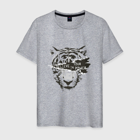Мужская футболка хлопок с принтом Тигр. Верь в свою силу в Новосибирске, 100% хлопок | прямой крой, круглый вырез горловины, длина до линии бедер, слегка спущенное плечо. | tiger | в шапке | год тигра | голова | кошка | крутой | надпись | тигр | тигренок | хипстер | цитата