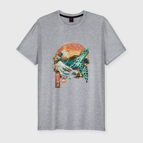 Мужская футболка хлопок Slim с принтом Черепаха Япония в Санкт-Петербурге, 92% хлопок, 8% лайкра | приталенный силуэт, круглый вырез ворота, длина до линии бедра, короткий рукав | иероглифы | фудзи | черепаха | япония