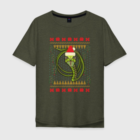 Мужская футболка хлопок Oversize с принтом Рождественский свитер Скептическая змея в Курске, 100% хлопок | свободный крой, круглый ворот, “спинка” длиннее передней части | christmas | ugly sweater | вечеринка | змеи | мемы | новогодние праздники | новый год | прикольная змея | рождественский свитер | рождество | уродливый свитер