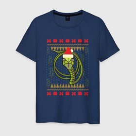 Мужская футболка хлопок с принтом Рождественский свитер Скептическая змея в Курске, 100% хлопок | прямой крой, круглый вырез горловины, длина до линии бедер, слегка спущенное плечо. | christmas | ugly sweater | вечеринка | змеи | мемы | новогодние праздники | новый год | прикольная змея | рождественский свитер | рождество | уродливый свитер