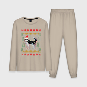 Мужская пижама хлопок (с лонгсливом) с принтом Рождественский свитер Хаски ,  |  | Тематика изображения на принте: christmas | ugly sweater | вечеринка | новогодние праздники | новый год | рождественский свитер | рождество | сибирский хаски | собака | собачка | уродливый свитер | хаски