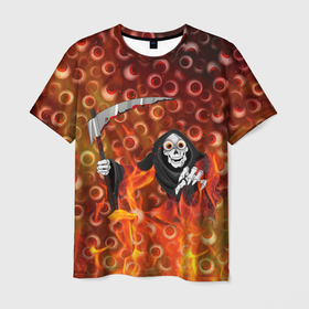 Мужская футболка 3D с принтом Смерть всё видит в Курске, 100% полиэфир | прямой крой, круглый вырез горловины, длина до линии бедер | halloween | глаза | коса | огонь | пламя | хэллоуин