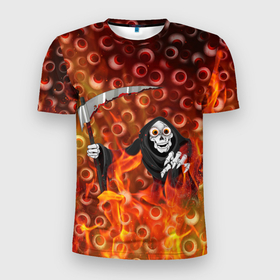 Мужская футболка 3D Slim с принтом Смерть всё видит в Петрозаводске, 100% полиэстер с улучшенными характеристиками | приталенный силуэт, круглая горловина, широкие плечи, сужается к линии бедра | halloween | глаза | коса | огонь | пламя | хэллоуин