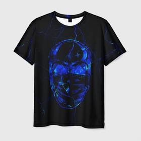 Мужская футболка 3D с принтом C 19 череп в маске , 100% полиэфир | прямой крой, круглый вырез горловины, длина до линии бедер | c 19 | covid 19 | lightning | skull | крест | молния | синий на черном | череп