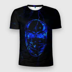 Мужская футболка 3D Slim с принтом C 19 череп в маске в Курске, 100% полиэстер с улучшенными характеристиками | приталенный силуэт, круглая горловина, широкие плечи, сужается к линии бедра | c 19 | covid 19 | lightning | skull | крест | молния | синий на черном | череп