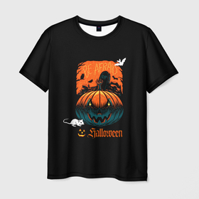 Мужская футболка 3D с принтом Кладбище Halloween в Тюмени, 100% полиэфир | прямой крой, круглый вырез горловины, длина до линии бедер | 31 октября | halloween | день всех святых | летучая мышь | праздник | тыква | хэллоуин | хэлоуин