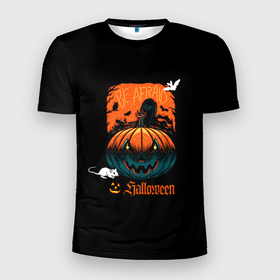Мужская футболка 3D Slim с принтом Кладбище Halloween в Санкт-Петербурге, 100% полиэстер с улучшенными характеристиками | приталенный силуэт, круглая горловина, широкие плечи, сужается к линии бедра | 31 октября | halloween | день всех святых | летучая мышь | праздник | тыква | хэллоуин | хэлоуин