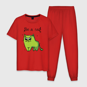 Мужская пижама хлопок с принтом Улыбающийся кот в Новосибирске, 100% хлопок | брюки и футболка прямого кроя, без карманов, на брюках мягкая резинка на поясе и по низу штанин
 | Тематика изображения на принте: 