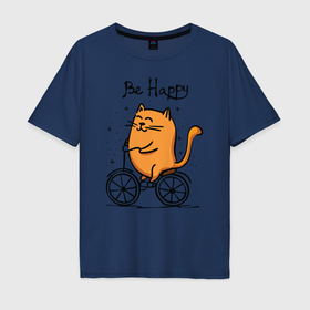 Мужская футболка хлопок Oversize с принтом Кот велосипедист в Курске, 100% хлопок | свободный крой, круглый ворот, “спинка” длиннее передней части | Тематика изображения на принте: 