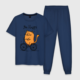 Мужская пижама хлопок с принтом Кот велосипедист в Петрозаводске, 100% хлопок | брюки и футболка прямого кроя, без карманов, на брюках мягкая резинка на поясе и по низу штанин
 | 