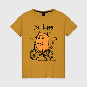 Женская футболка хлопок с принтом Кот велосипедист в Рязани, 100% хлопок | прямой крой, круглый вырез горловины, длина до линии бедер, слегка спущенное плечо | 