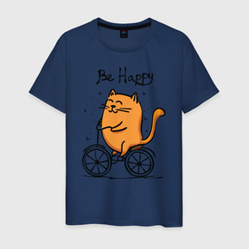 Мужская футболка хлопок с принтом Кот велосипедист , 100% хлопок | прямой крой, круглый вырез горловины, длина до линии бедер, слегка спущенное плечо. | 