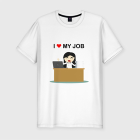 Мужская футболка хлопок Slim с принтом I love my job в Курске, 92% хлопок, 8% лайкра | приталенный силуэт, круглый вырез ворота, длина до линии бедра, короткий рукав | i love my job | любовь | на английском | прикольные надписи | работа | текст | цитата | цитаты | я люблю | я люблю свою работу