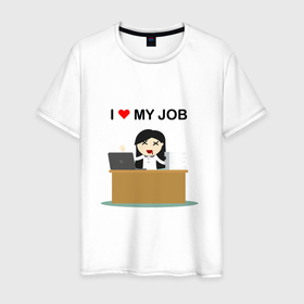 Мужская футболка хлопок с принтом I love my job в Санкт-Петербурге, 100% хлопок | прямой крой, круглый вырез горловины, длина до линии бедер, слегка спущенное плечо. | i love my job | любовь | на английском | прикольные надписи | работа | текст | цитата | цитаты | я люблю | я люблю свою работу