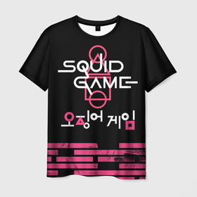 Мужская футболка 3D с принтом SQUID GAME [ALL LOGO] в Тюмени, 100% полиэфир | прямой крой, круглый вырез горловины, длина до линии бедер | game | squid | squid game | игра в кальмара | кальмар | сериал