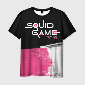 Мужская футболка 3D с принтом SQUID GAME (LOGO) в Новосибирске, 100% полиэфир | прямой крой, круглый вырез горловины, длина до линии бедер | squid game | игра | игра в кальмара | кальмар | сериал