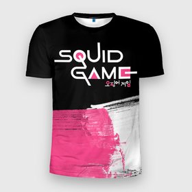 Мужская футболка 3D Slim с принтом SQUID GAME (LOGO) в Санкт-Петербурге, 100% полиэстер с улучшенными характеристиками | приталенный силуэт, круглая горловина, широкие плечи, сужается к линии бедра | squid game | игра | игра в кальмара | кальмар | сериал