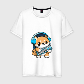 Мужская футболка хлопок с принтом Котенок играет в Курске, 100% хлопок | прямой крой, круглый вырез горловины, длина до линии бедер, слегка спущенное плечо. | игра | клавиатура | котенок | наушники