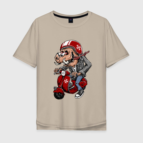 Мужская футболка хлопок Oversize с принтом Свин на мото в Санкт-Петербурге, 100% хлопок | свободный крой, круглый ворот, “спинка” длиннее передней части | байкер | кабан | мотоцикл | поросёнок | хряк | шлем