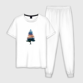 Мужская пижама хлопок с принтом лес минимализм в Тюмени, 100% хлопок | брюки и футболка прямого кроя, без карманов, на брюках мягкая резинка на поясе и по низу штанин
 | blue | forest | green | horizon | minimalizm | sky | trees | горизонт | дерево | деревья | елка | ель | зеленый | лес | минимализм | небо