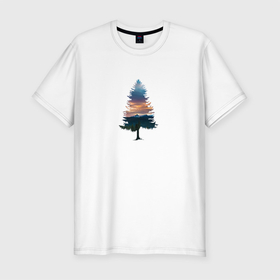 Мужская футболка хлопок Slim с принтом лес минимализм в Санкт-Петербурге, 92% хлопок, 8% лайкра | приталенный силуэт, круглый вырез ворота, длина до линии бедра, короткий рукав | blue | forest | green | horizon | minimalizm | sky | trees | горизонт | дерево | деревья | елка | ель | зеленый | лес | минимализм | небо