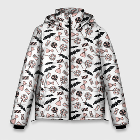Мужская зимняя куртка 3D с принтом Patern Halloween 12 в Петрозаводске, верх — 100% полиэстер; подкладка — 100% полиэстер; утеплитель — 100% полиэстер | длина ниже бедра, свободный силуэт Оверсайз. Есть воротник-стойка, отстегивающийся капюшон и ветрозащитная планка. 

Боковые карманы с листочкой на кнопках и внутренний карман на молнии. | Тематика изображения на принте: 31 | bones | holiday | skull | spider | witches