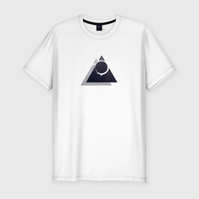 Мужская футболка хлопок Slim с принтом космос в треугольнике в Курске, 92% хлопок, 8% лайкра | приталенный силуэт, круглый вырез ворота, длина до линии бедра, короткий рукав | minimalizm | space | stars | triangle | вселенная | галактика | звезды | космос | тень | треугольник