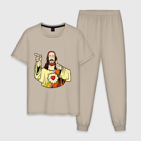 Мужская пижама хлопок с принтом Smile Jesus , 100% хлопок | брюки и футболка прямого кроя, без карманов, на брюках мягкая резинка на поясе и по низу штанин
 | good | heart | jesus | smile | исус | сердце | смаил | смайл | улыбка