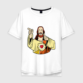 Мужская футболка хлопок Oversize с принтом Smile Jesus в Тюмени, 100% хлопок | свободный крой, круглый ворот, “спинка” длиннее передней части | good | heart | jesus | smile | исус | сердце | смаил | смайл | улыбка