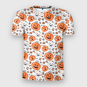 Мужская футболка 3D Slim с принтом Patern Halloween 17 в Тюмени, 100% полиэстер с улучшенными характеристиками | приталенный силуэт, круглая горловина, широкие плечи, сужается к линии бедра | 31 | bones | holiday | skull | spider | witches