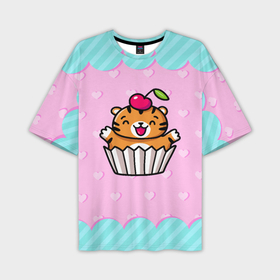 Мужская футболка OVERSIZE 3D с принтом Тигренок пирожное в Петрозаводске,  |  | 2022 | год тигра | новый год | новый год 2022 | символ года | тигр | тигренок | тигрица | тигры