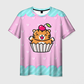 Мужская футболка 3D с принтом Тигренок пирожное в Кировске, 100% полиэфир | прямой крой, круглый вырез горловины, длина до линии бедер | 2022 | год тигра | новый год | новый год 2022 | символ года | тигр | тигренок | тигрица | тигры