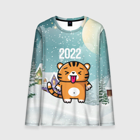 Мужской лонгслив 3D с принтом Новогодний тигренок 2022 в Санкт-Петербурге, 100% полиэстер | длинные рукава, круглый вырез горловины, полуприлегающий силуэт | 2022 | год тигра | новый год | новый год 2022 | символ года | тигр | тигренок | тигрица | тигры