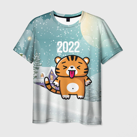 Мужская футболка 3D с принтом Новогодний тигренок 2022 в Санкт-Петербурге, 100% полиэфир | прямой крой, круглый вырез горловины, длина до линии бедер | 2022 | год тигра | новый год | новый год 2022 | символ года | тигр | тигренок | тигрица | тигры