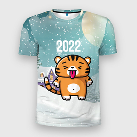 Мужская футболка 3D спортивная с принтом Новогодний тигренок 2022 в Новосибирске, 100% полиэстер с улучшенными характеристиками | приталенный силуэт, круглая горловина, широкие плечи, сужается к линии бедра | 2022 | год тигра | новый год | новый год 2022 | символ года | тигр | тигренок | тигрица | тигры