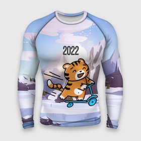 Мужской рашгард 3D с принтом Тигренок на самокате в Екатеринбурге,  |  | 2022 | год тигра | новый год | новый год 2022 | символ года | тигр | тигренок | тигрица | тигры