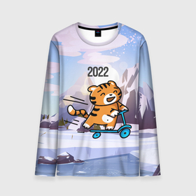 Мужской лонгслив 3D с принтом Тигренок  на  самокате в Петрозаводске, 100% полиэстер | длинные рукава, круглый вырез горловины, полуприлегающий силуэт | 2022 | год тигра | новый год | новый год 2022 | символ года | тигр | тигренок | тигрица | тигры