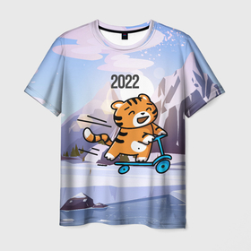 Мужская футболка 3D с принтом Тигренок  на  самокате , 100% полиэфир | прямой крой, круглый вырез горловины, длина до линии бедер | 2022 | год тигра | новый год | новый год 2022 | символ года | тигр | тигренок | тигрица | тигры
