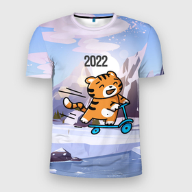 Мужская футболка 3D спортивная с принтом Тигренок  на  самокате , 100% полиэстер с улучшенными характеристиками | приталенный силуэт, круглая горловина, широкие плечи, сужается к линии бедра | 2022 | год тигра | новый год | новый год 2022 | символ года | тигр | тигренок | тигрица | тигры