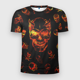 Мужская футболка 3D Slim с принтом Огненные черепа | Carbon в Екатеринбурге, 100% полиэстер с улучшенными характеристиками | приталенный силуэт, круглая горловина, широкие плечи, сужается к линии бедра | carbon | fire | halloween | nofun | skull | огненные черепа | хелоуин | череп в огне