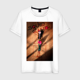 Мужская футболка хлопок с принтом Игра в кальмара Squid Game постер в Тюмени, 100% хлопок | прямой крой, круглый вырез горловины, длина до линии бедер, слегка спущенное плечо. | netflix | squid game | игра в кальмара | корейский сериал | нетфликс | постер