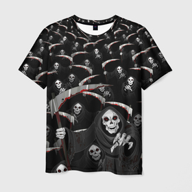 Мужская футболка 3D с принтом Жнецы идут в Тюмени, 100% полиэфир | прямой крой, круглый вырез горловины, длина до линии бедер | Тематика изображения на принте: halloween | коса | с косой | скелет | толпа | хэллоуин | череп