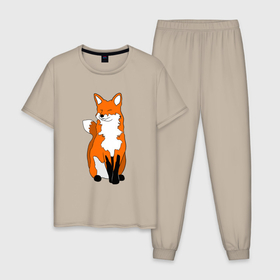 Мужская пижама хлопок с принтом Хитрая лиса с довольной мордой в Тюмени, 100% хлопок | брюки и футболка прямого кроя, без карманов, на брюках мягкая резинка на поясе и по низу штанин
 | Тематика изображения на принте: animals | fox | red fox | животные | зверюшки | лесные животные | лиса | лисенок | лисица | лисичка | милые создания | мультяшные | няшные | рыжая лиса
