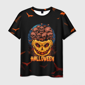 Мужская футболка 3D с принтом ТЫКВА С ЧЕРЕПАМИ в Кировске, 100% полиэфир | прямой крой, круглый вырез горловины, длина до линии бедер | halloween | haloween | pumpkin | pumpkin with skulls | skulls in a pumpkin | тыква | тыква с черепами | хеллоин | хеллоуин | хелоин | хелоуин | хэллоин | хэллоуин | хэлоин | хэлоуин | черепа в тыкве