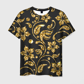 Мужская футболка 3D с принтом Золотой Орнамент(1) в Санкт-Петербурге, 100% полиэфир | прямой крой, круглый вырез горловины, длина до линии бедер | лепесточки | орнамент | сверкающий | узор | цветочки
