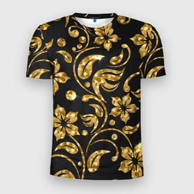 Мужская футболка 3D Slim с принтом Золотой Орнамент(1) , 100% полиэстер с улучшенными характеристиками | приталенный силуэт, круглая горловина, широкие плечи, сужается к линии бедра | Тематика изображения на принте: лепесточки | орнамент | сверкающий | узор | цветочки