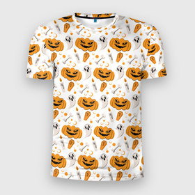 Мужская футболка 3D Slim с принтом Patern Halloween 22 , 100% полиэстер с улучшенными характеристиками | приталенный силуэт, круглая горловина, широкие плечи, сужается к линии бедра | 31 | bones | holiday | skull | spider | witches