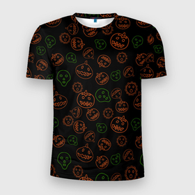 Мужская футболка 3D Slim с принтом Хэллоуин  тыквы и корона в Кировске, 100% полиэстер с улучшенными характеристиками | приталенный силуэт, круглая горловина, широкие плечи, сужается к линии бедра | Тематика изображения на принте: alien | black | contours | coronavirus | covid | funny | ghost | green | halloween | horror | monster | orange | pumpkins | scary | skull | жуть | забавно | зеленый | инопланетянин | ковид | контуры | коронавирус | монстр | оранжевый | привидение | страшн